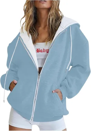 Womens Zip Up Hoodies Oversized Long Sleeve Sweatshirts Casual Hoodie 2025 Fall Jacket with Pockets Sweaters