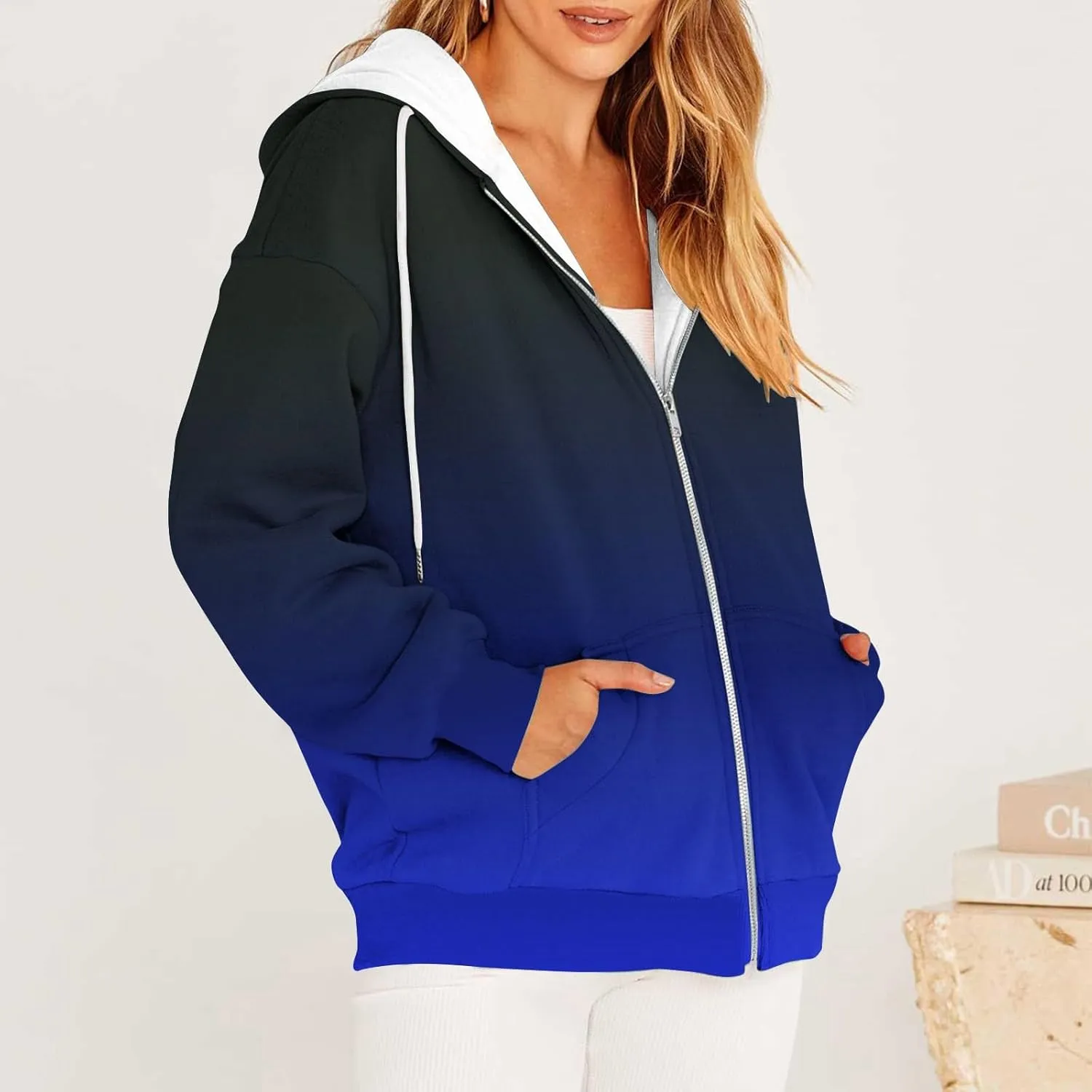 Womens Zip Up Hoodies Sherpa Lined Fleece Thermal Jacket Full Zip Long Sleeve Sweatshirts Gradient Color Shirts Coat