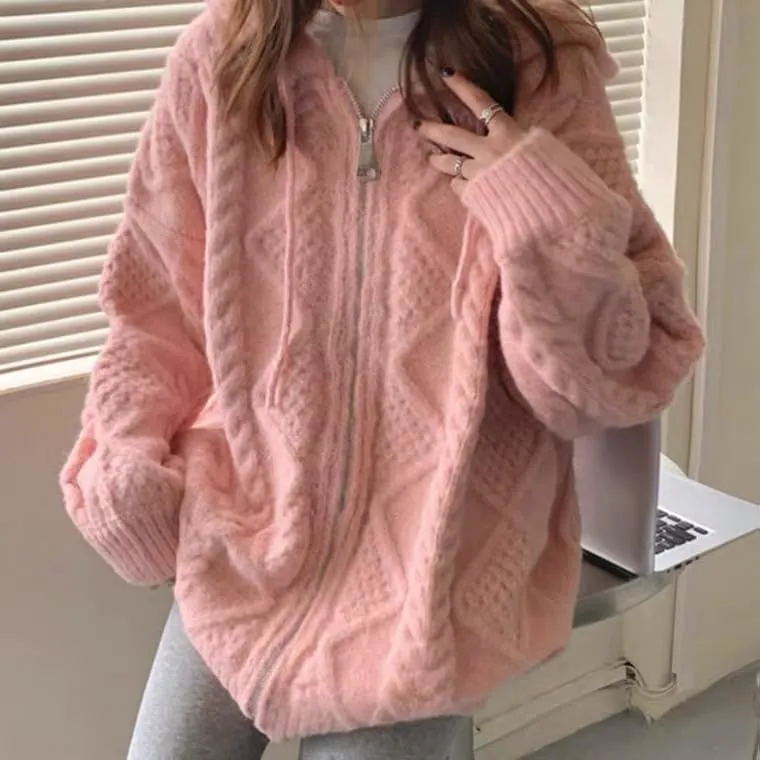 Women's Zip Up Hoodies Sweater Y2K Preppy Oversized Grandpa Sweaters Cable Knit Sweatshirts Old Money Clothing