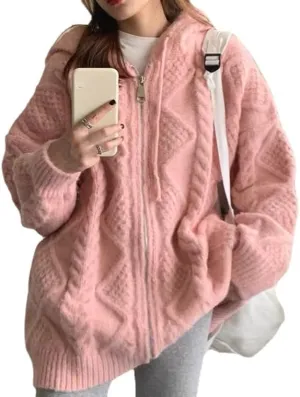 Women's Zip Up Hoodies Sweater Y2K Preppy Oversized Grandpa Sweaters Cable Knit Sweatshirts Old Money Clothing