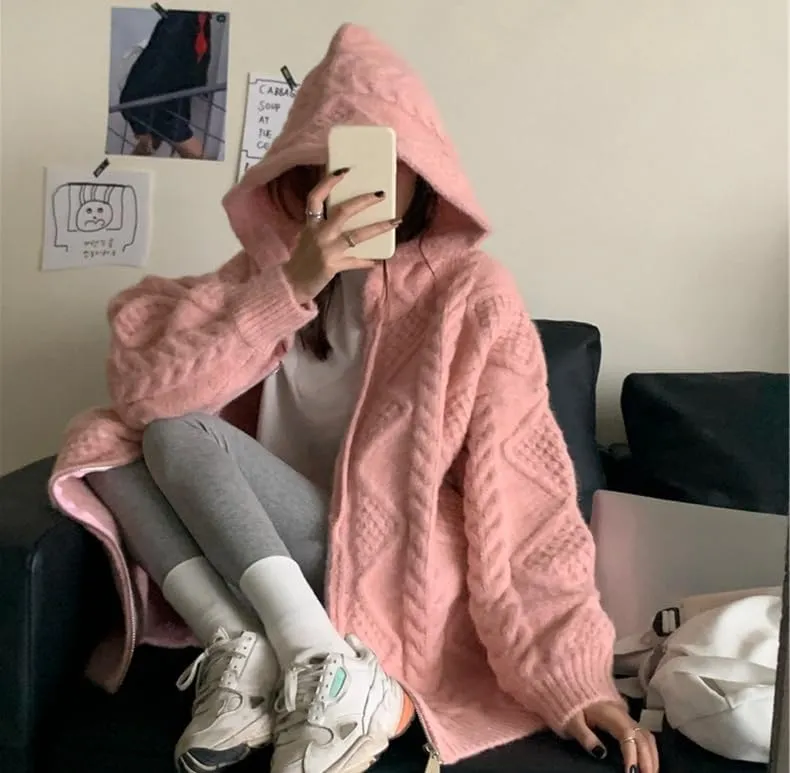 Women's Zip Up Hoodies Sweater Y2K Preppy Oversized Grandpa Sweaters Cable Knit Sweatshirts Old Money Clothing