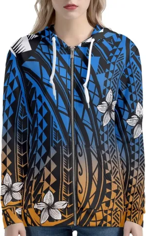 Women's Zip Up Samoa Tapa Polynesian Tribal Hoodies Jacket Samoan Puletasi Drawstring Long Sleeve Sweatshirt