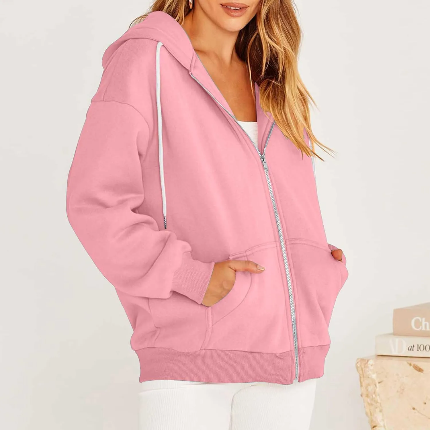 Womens Zip Up y2k Hoodies Fall Fashion Oversized Long Sleeve Hooded Sweatshirt Casual Lightweight Jacket With Pockets
