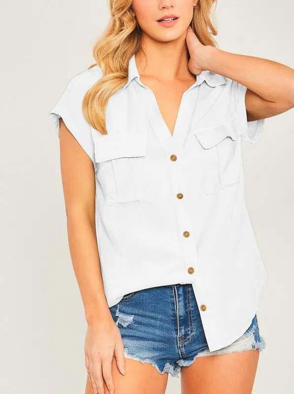 Woven Solid Short Sleeve Button Front Top