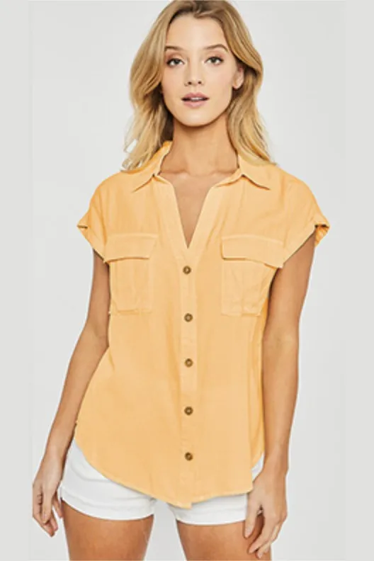 Woven Solid Short Sleeve Button Front Top