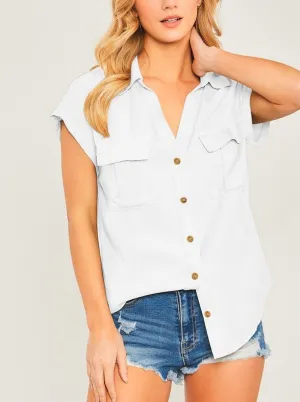 Woven Solid Short Sleeve Button Front Top