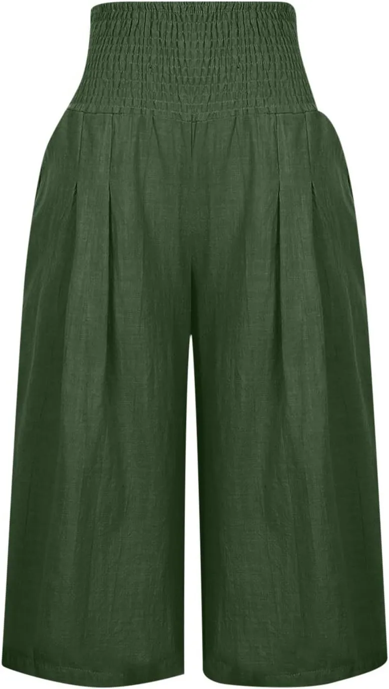 Xiaojmake Linen Capri Pants for Women Casual Summer Elastic Waist Ankle Pants Straight Wide Leg Cropped Trouser with Pockets