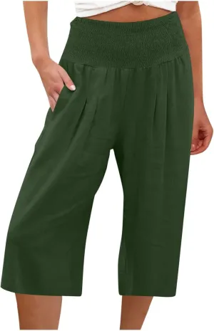 Xiaojmake Linen Capri Pants for Women Casual Summer Elastic Waist Ankle Pants Straight Wide Leg Cropped Trouser with Pockets