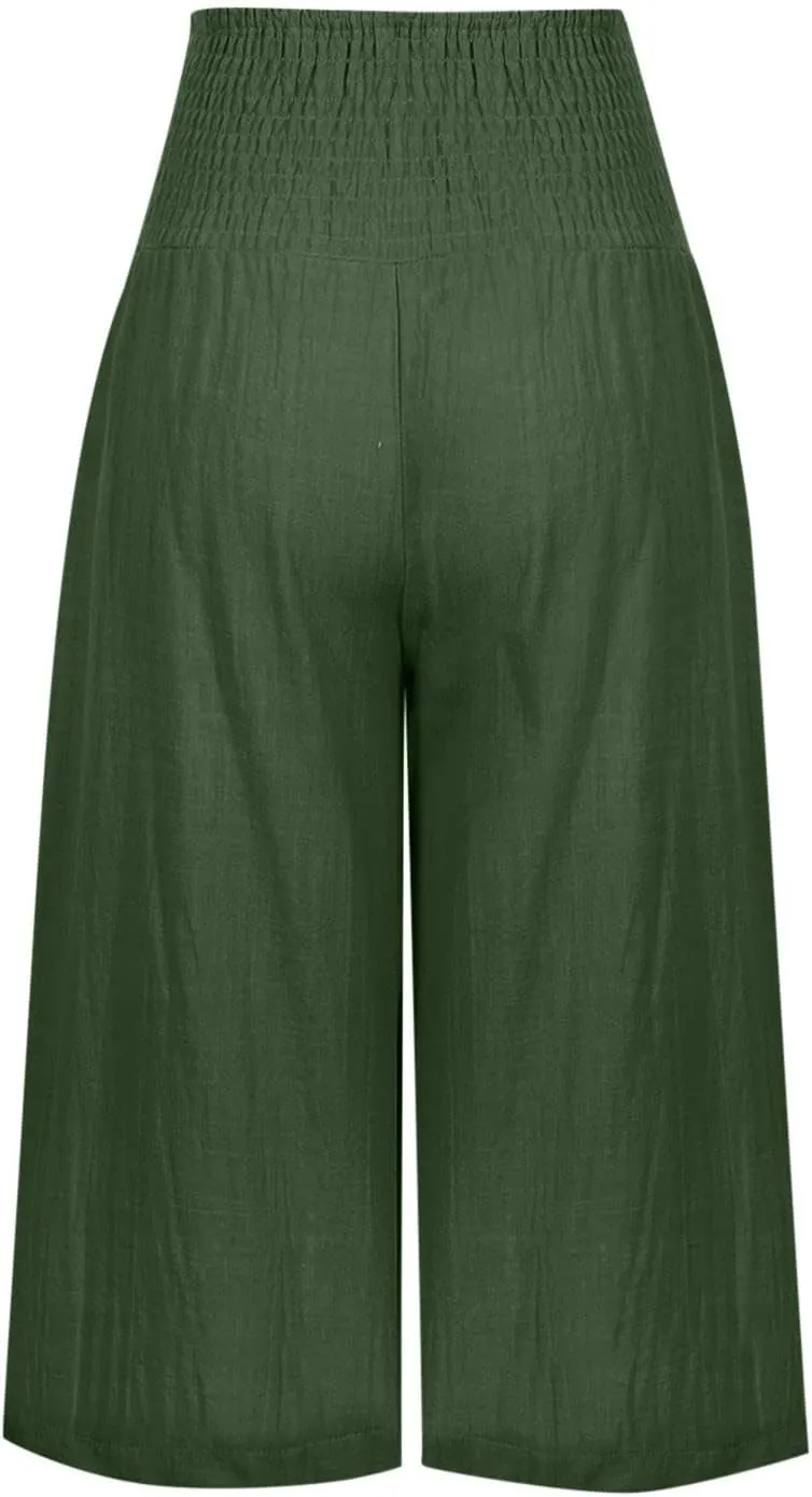 Xiaojmake Linen Capri Pants for Women Casual Summer Elastic Waist Ankle Pants Straight Wide Leg Cropped Trouser with Pockets