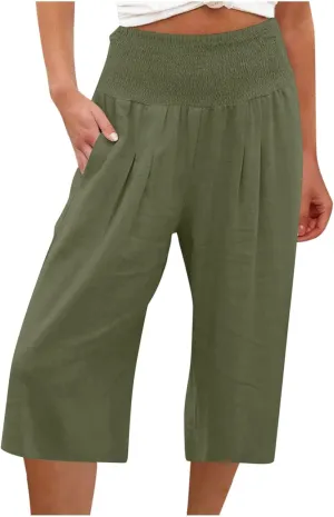 Xiaojmake Womens Linen Capri Pants Casual Cropped Pants Elastic Waist Summer Trousers 3/4 Length Sports Pants with Pockets