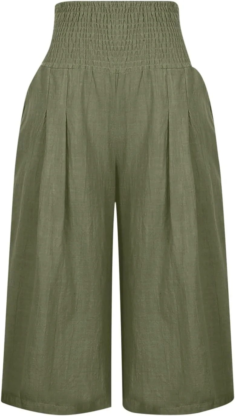 Xiaojmake Womens Linen Capri Pants Casual Cropped Pants Elastic Waist Summer Trousers 3/4 Length Sports Pants with Pockets