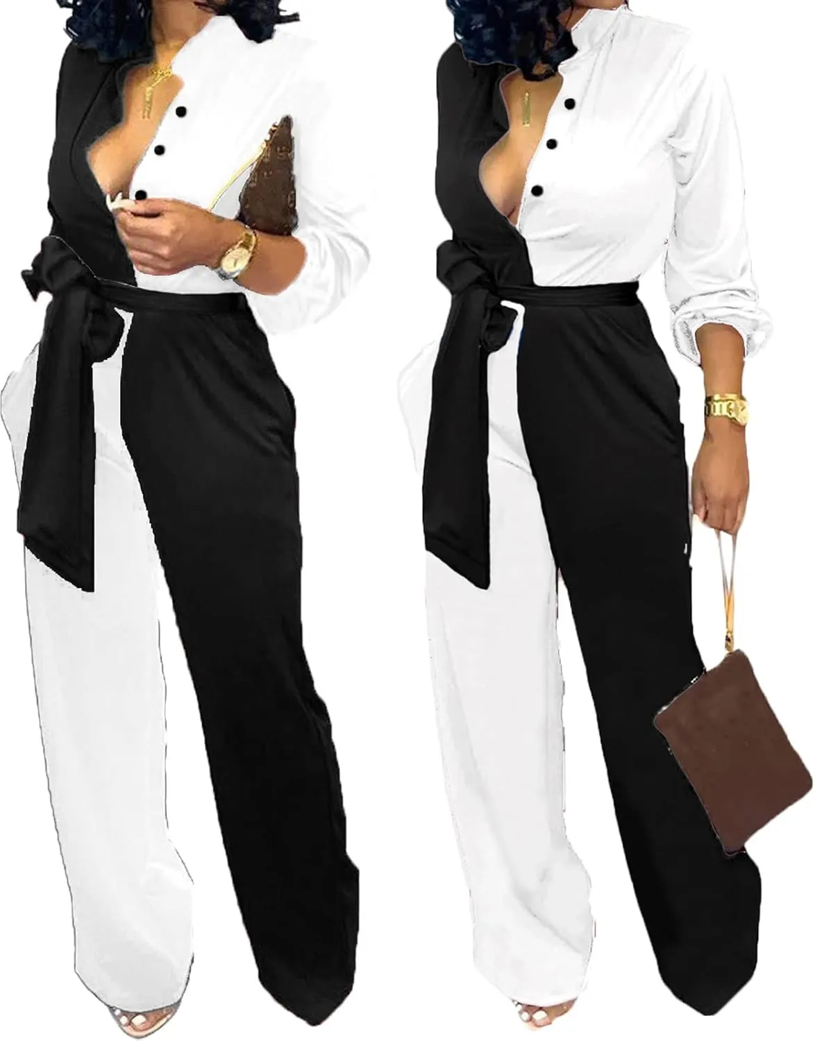 Xinlees Women Elegant Jumpsuits Casual V-neck Long Sleeve Stretchable Long Pants Rompers Button Pocketed Party Club