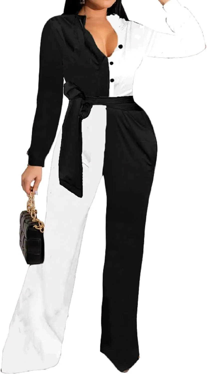 Xinlees Women Elegant Jumpsuits Casual V-neck Long Sleeve Stretchable Long Pants Rompers Button Pocketed Party Club