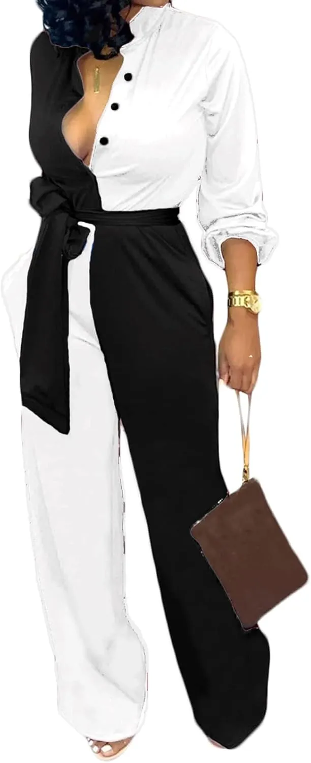 Xinlees Women Elegant Jumpsuits Casual V-neck Long Sleeve Stretchable Long Pants Rompers Button Pocketed Party Club
