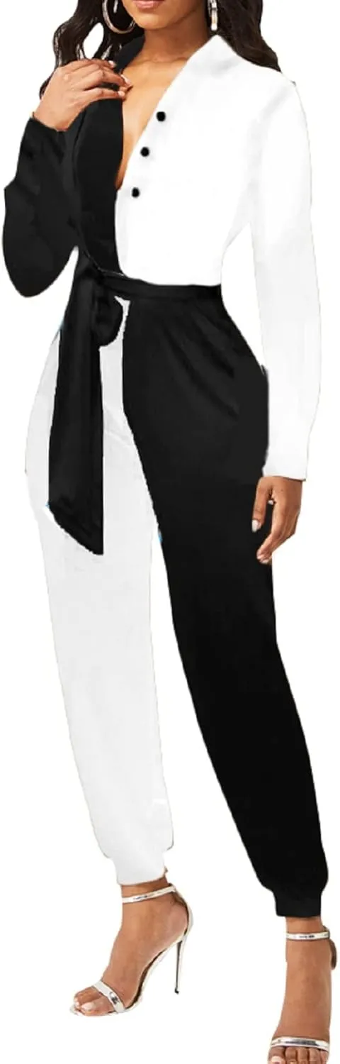 Xinlees Women Elegant Jumpsuits Casual V-neck Long Sleeve Stretchable Long Pants Rompers Button Pocketed Party Club