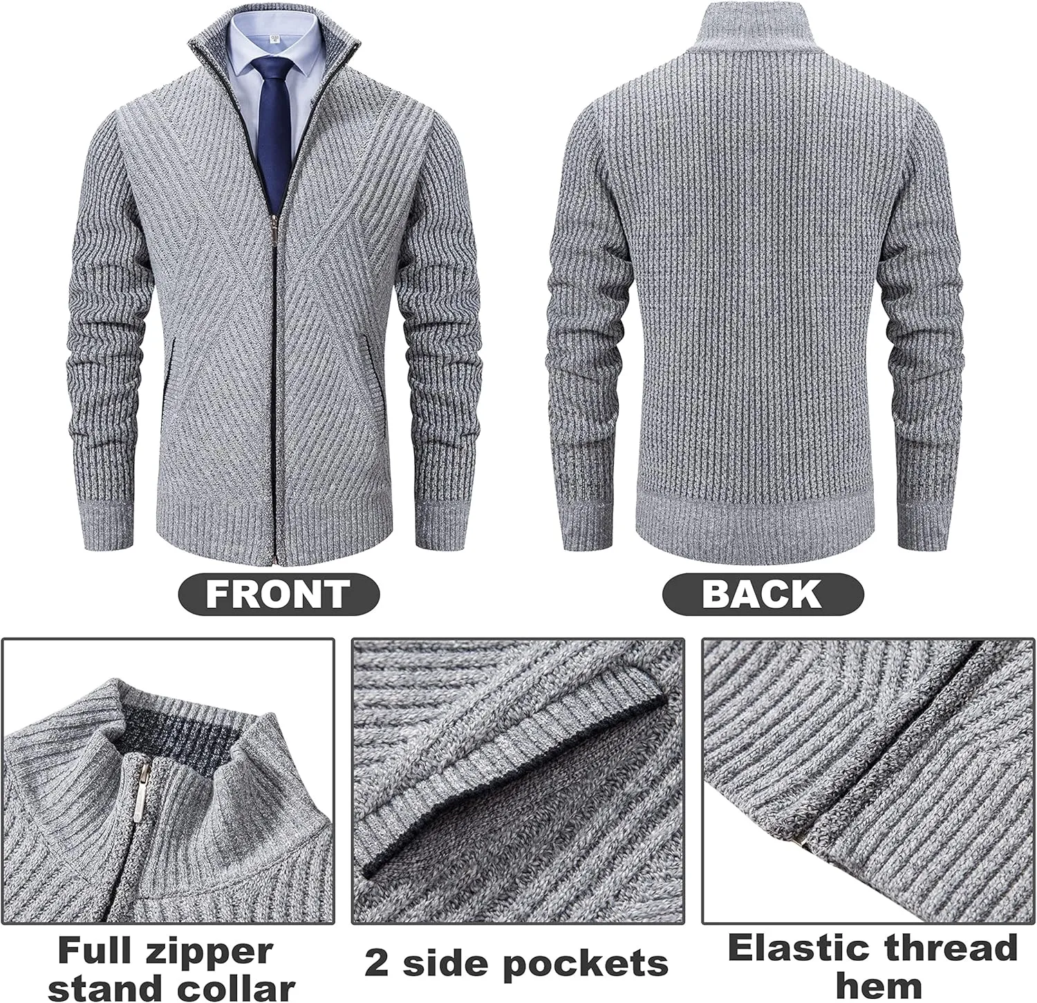 XinYangNi Men's Cardigan Sweaters Knit Zipper Casual Slim Fit Stand Collar with Full Zip and Pockets