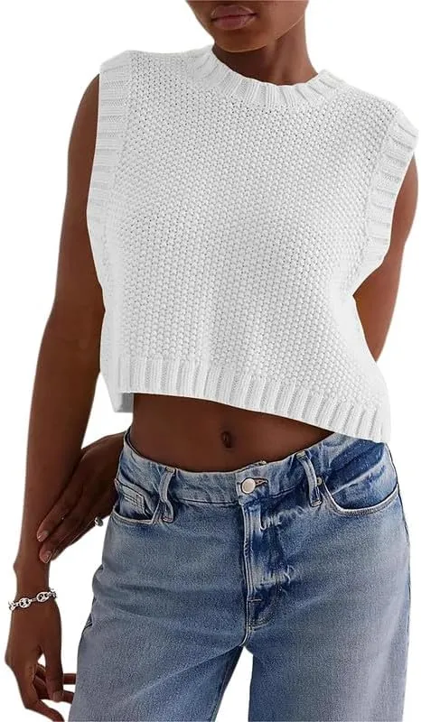Y2K Women Backless Tie Up Knit Crop Sweater Vest Sleeveless Round Neck Split Open Back Pullover Fall Tank Tops