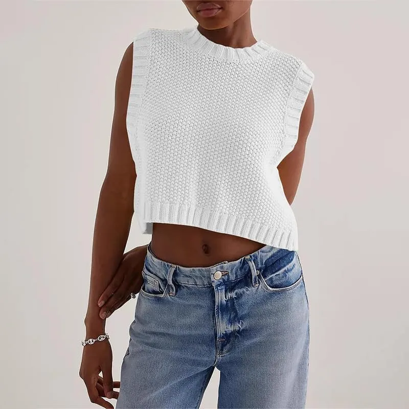 Y2K Women Backless Tie Up Knit Crop Sweater Vest Sleeveless Round Neck Split Open Back Pullover Fall Tank Tops