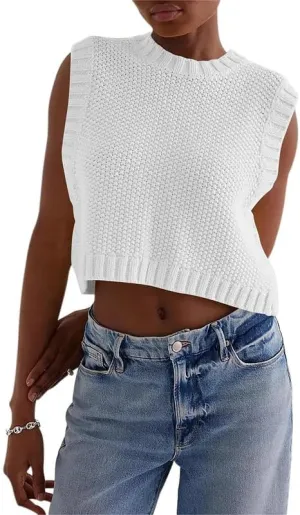 Y2K Women Backless Tie Up Knit Crop Sweater Vest Sleeveless Round Neck Split Open Back Pullover Fall Tank Tops