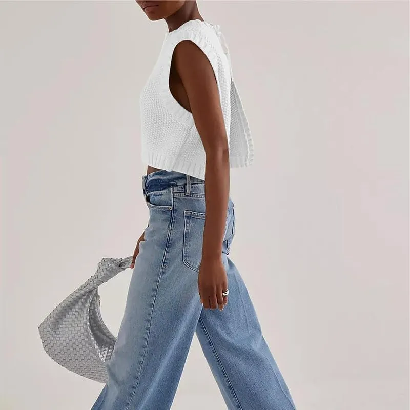 Y2K Women Backless Tie Up Knit Crop Sweater Vest Sleeveless Round Neck Split Open Back Pullover Fall Tank Tops