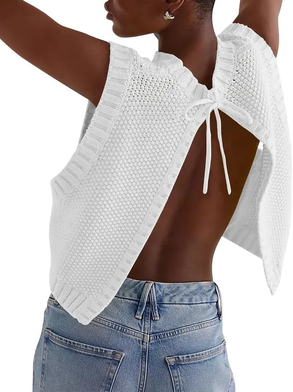Y2K Women Backless Tie Up Knit Crop Sweater Vest Sleeveless Round Neck Split Open Back Pullover Fall Tank Tops