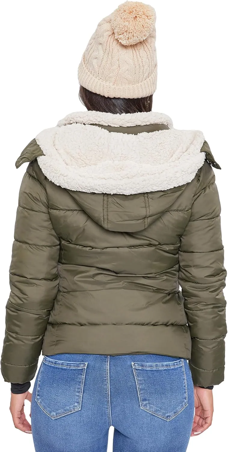 YMI Women's Junior Full Length Puffer Jacket Collar & Detachable Sherpa Hood