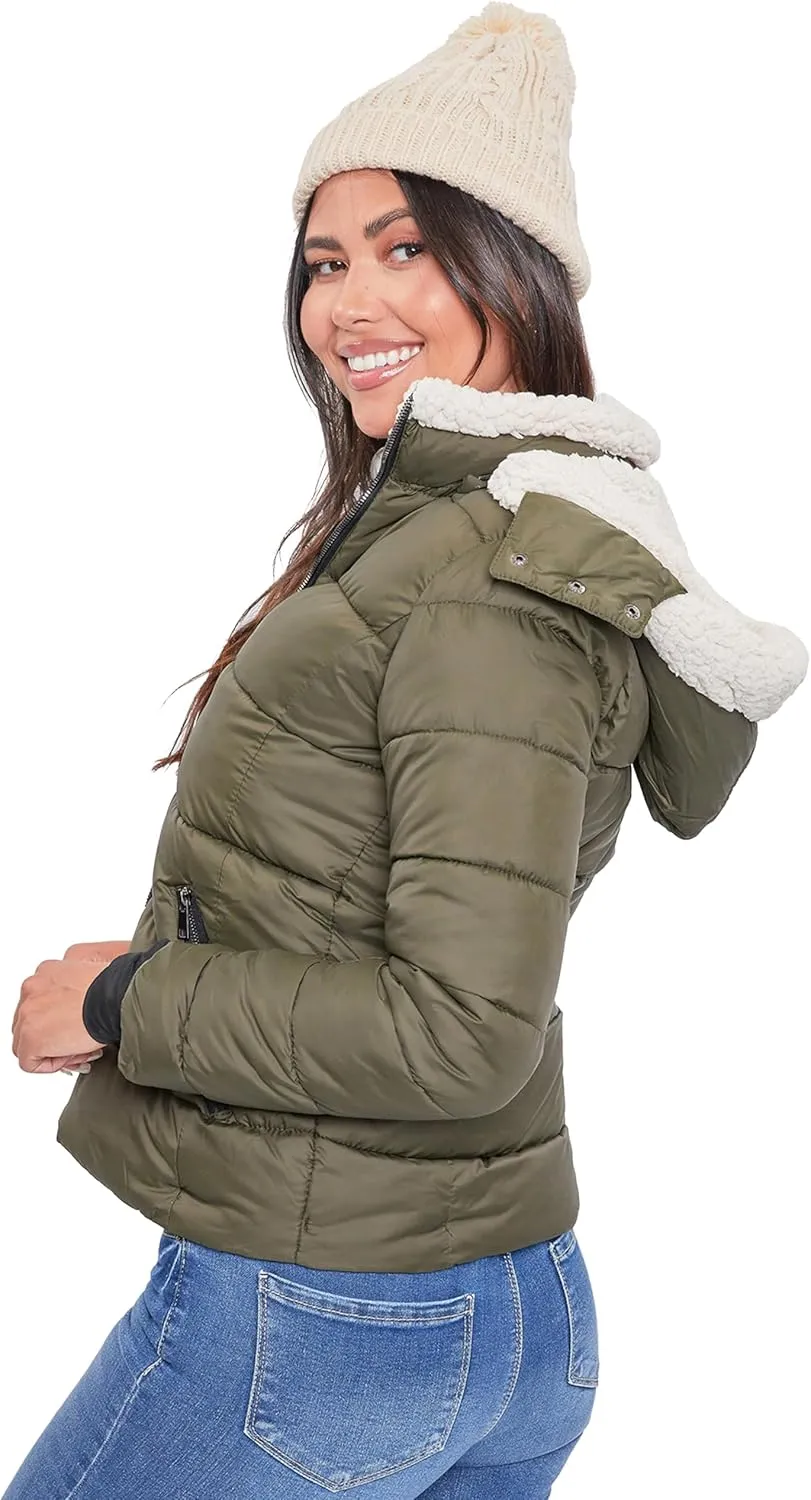 YMI Women's Junior Full Length Puffer Jacket Collar & Detachable Sherpa Hood