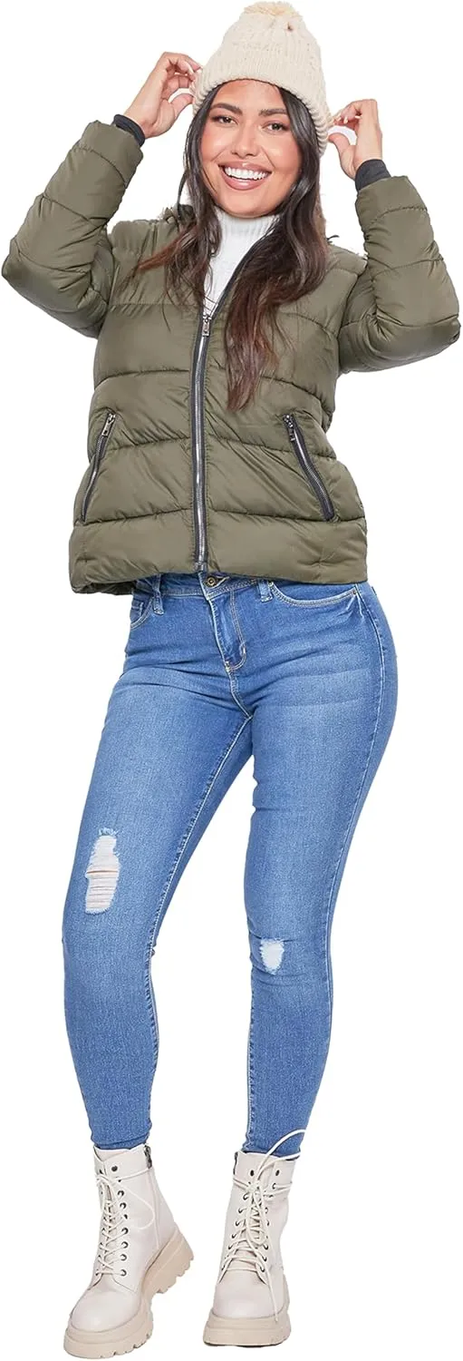 YMI Women's Junior Full Length Puffer Jacket Collar & Detachable Sherpa Hood