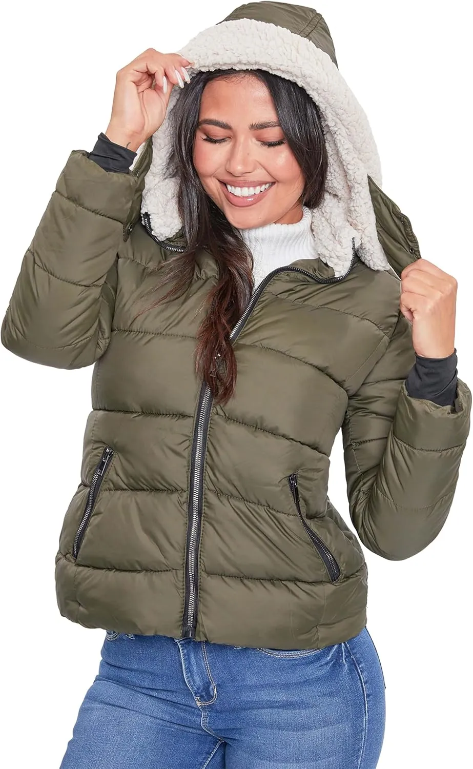 YMI Women's Junior Full Length Puffer Jacket Collar & Detachable Sherpa Hood