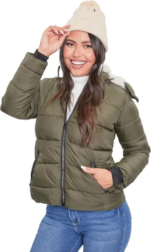 YMI Women's Junior Full Length Puffer Jacket Collar & Detachable Sherpa Hood