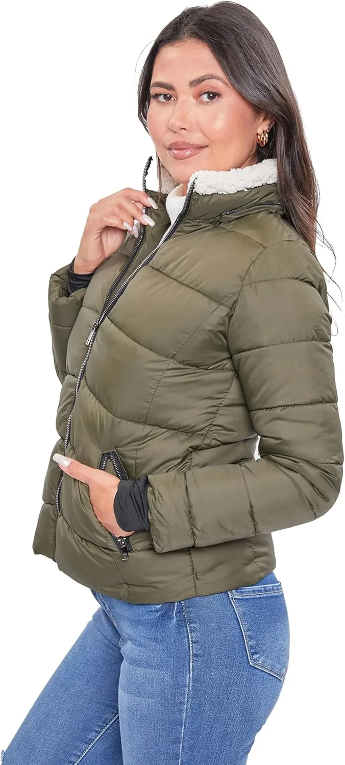 YMI Women's Junior Full Length Puffer Jacket Collar & Detachable Sherpa Hood