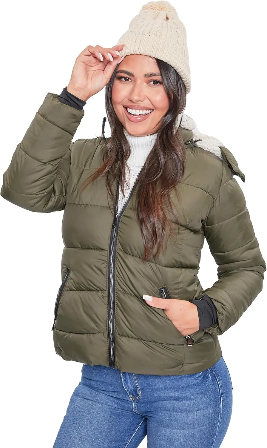 YMI Women's Junior Full Length Puffer Jacket Collar & Detachable Sherpa Hood