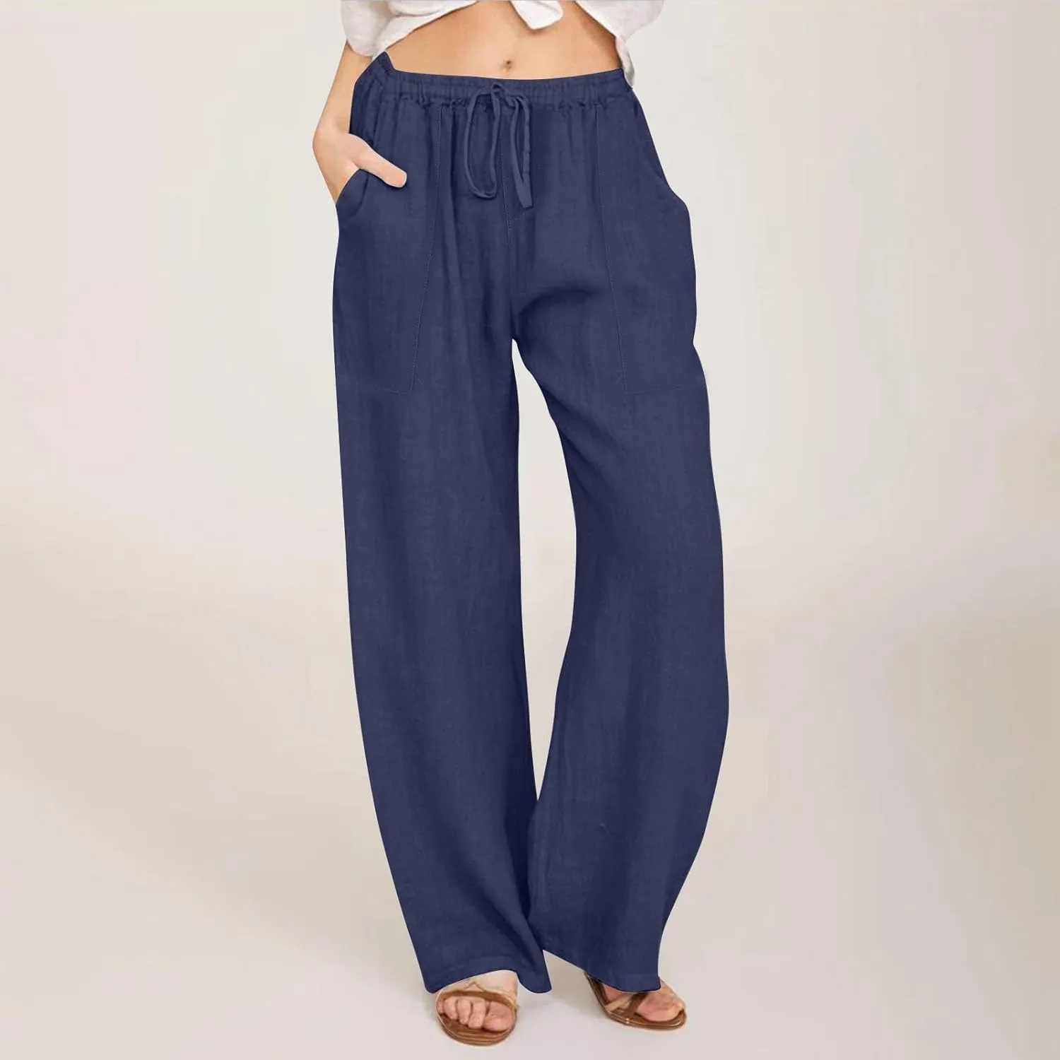 Yoga Pants for Women Low Rise Work Straight Leg Summer, Palazzo Pants for Women Linen Cotton Plus Size Trousers