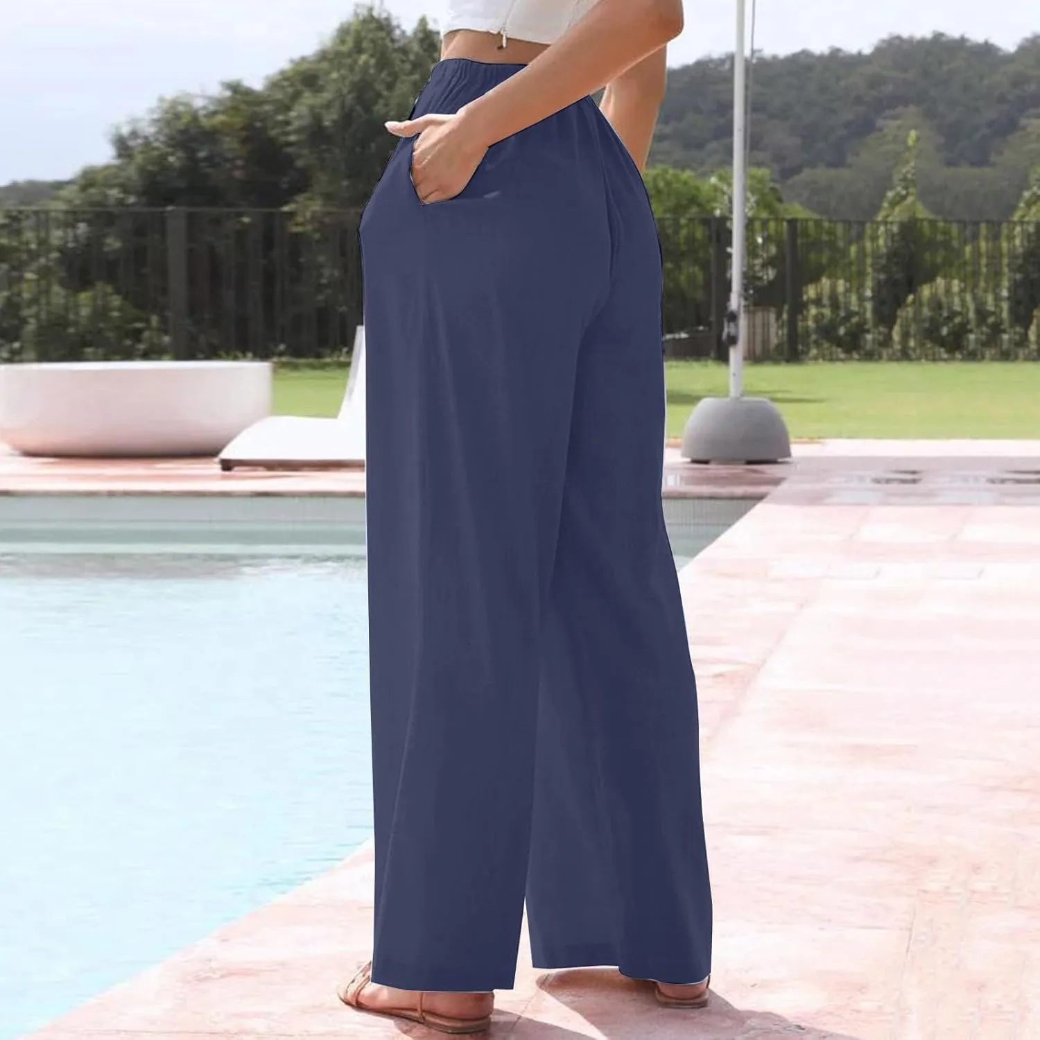 Yoga Pants for Women Low Rise Work Straight Leg Summer, Palazzo Pants for Women Linen Cotton Plus Size Trousers