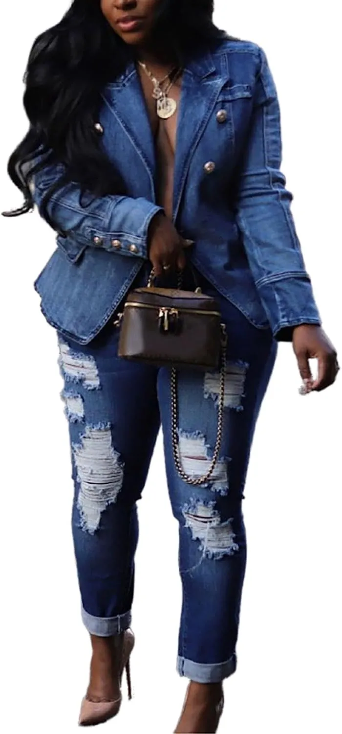 YOOTIKO Womens Jean Blazer Lapel Open Front Button Up Long Sleeve Casual Work Denim Jacket Coat