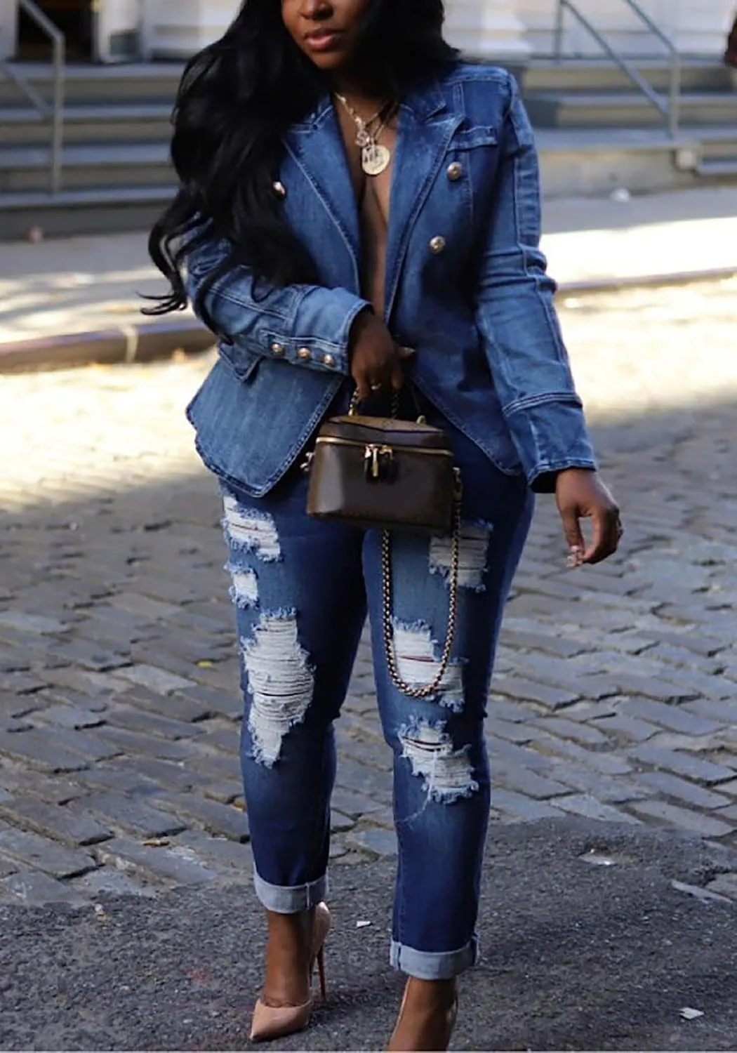 YOOTIKO Womens Jean Blazer Lapel Open Front Button Up Long Sleeve Casual Work Denim Jacket Coat