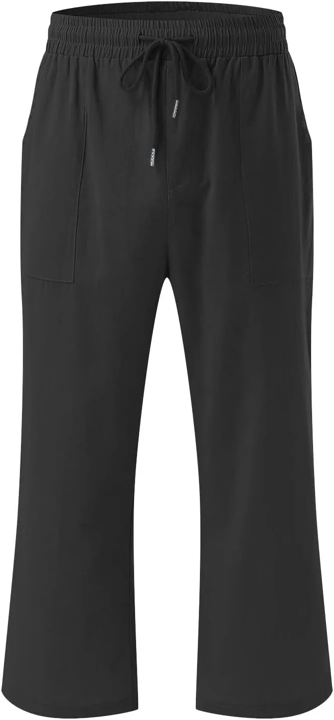 YRAETENM Linen Pants Women Summer Drawstring Elastic High Waist Capri Pants Casual Straight Wide Leg Trouser Wirh Pockets
