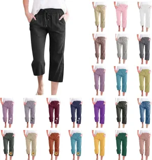 YRAETENM Linen Pants Women Summer Drawstring Elastic High Waist Capri Pants Casual Straight Wide Leg Trouser Wirh Pockets
