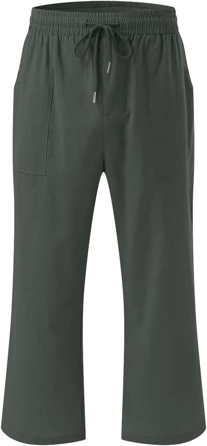 YRAETENM Linen Pants Women Summer Drawstring Elastic High Waist Capri Pants Casual Straight Wide Leg Trouser Wirh Pockets