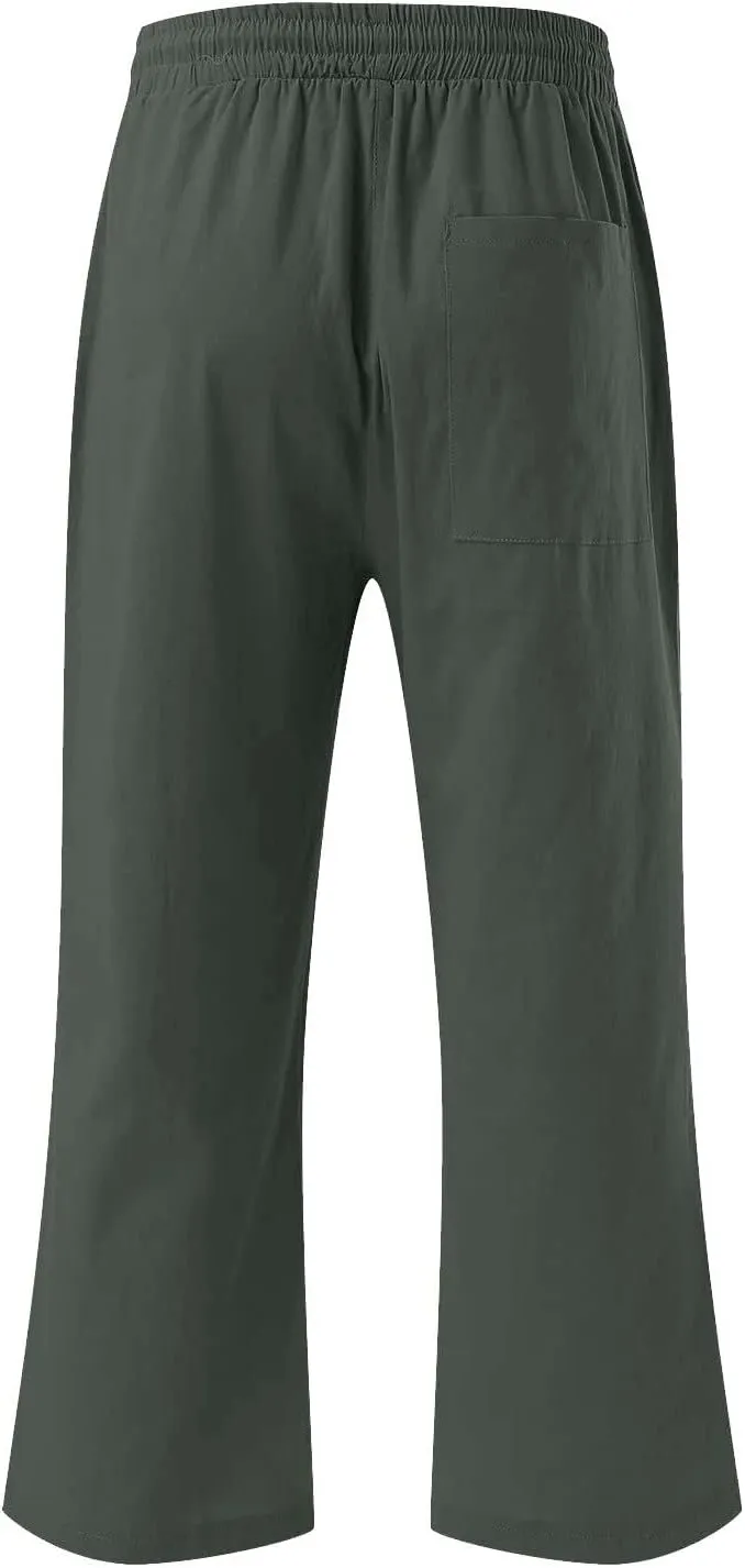 YRAETENM Linen Pants Women Summer Drawstring Elastic High Waist Capri Pants Casual Straight Wide Leg Trouser Wirh Pockets