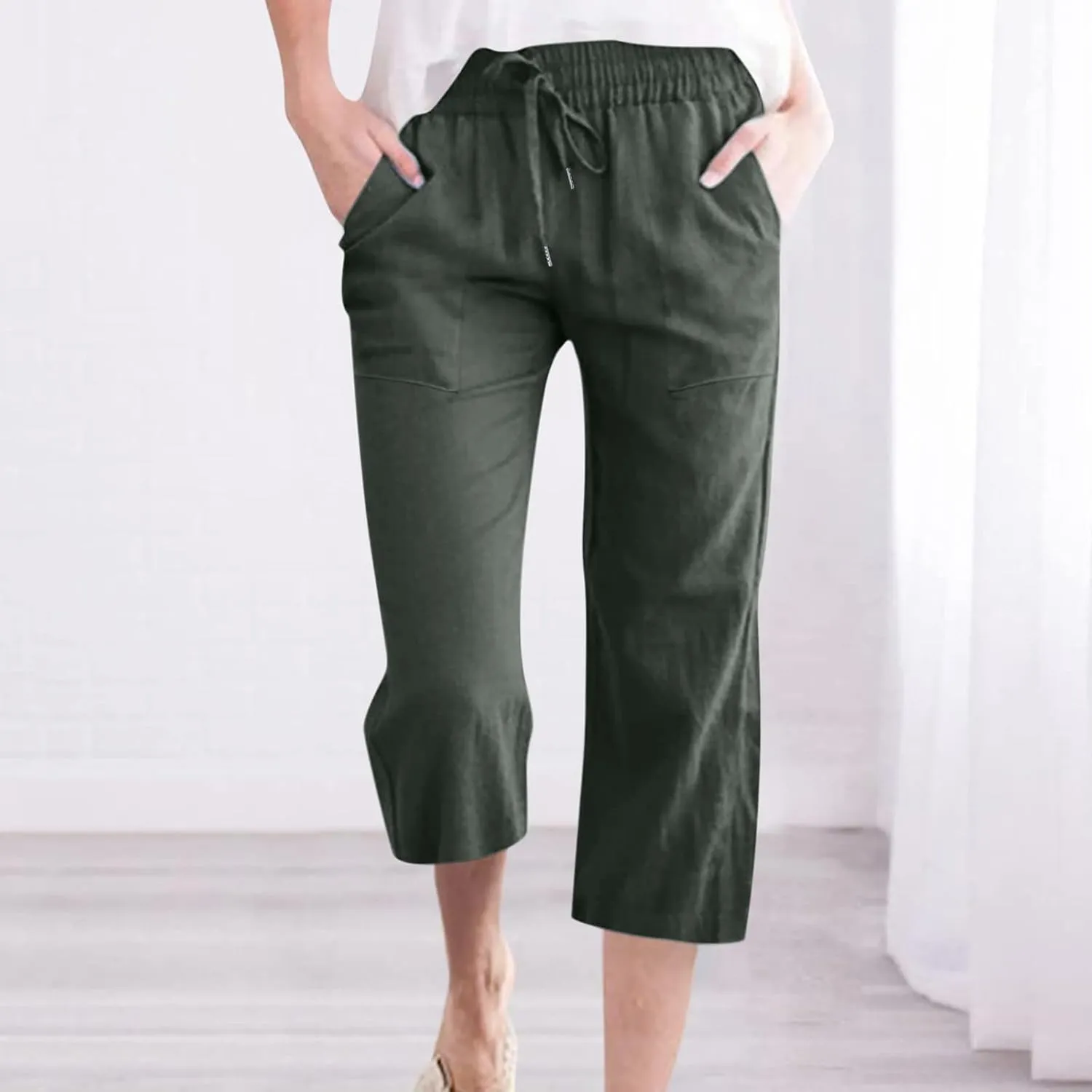 YRAETENM Linen Pants Women Summer Drawstring Elastic High Waist Capri Pants Casual Straight Wide Leg Trouser Wirh Pockets