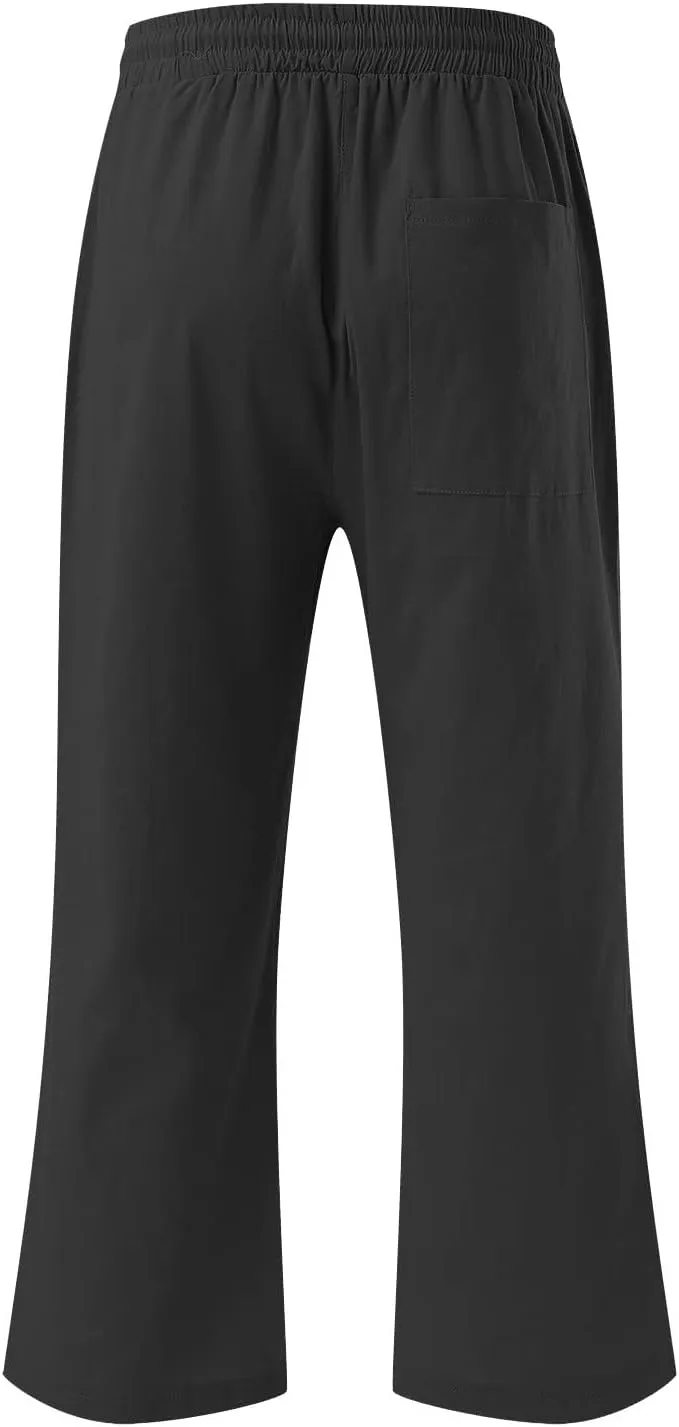 YRAETENM Linen Pants Women Summer Drawstring Elastic High Waist Capri Pants Casual Straight Wide Leg Trouser Wirh Pockets