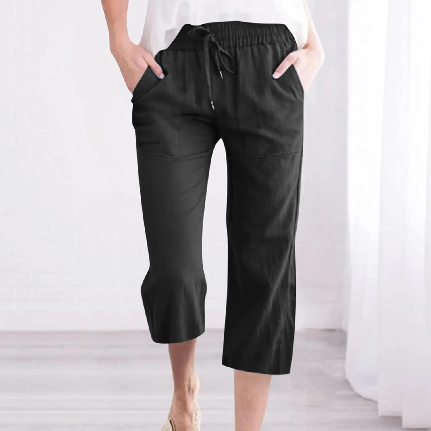 YRAETENM Linen Pants Women Summer Drawstring Elastic High Waist Capri Pants Casual Straight Wide Leg Trouser Wirh Pockets