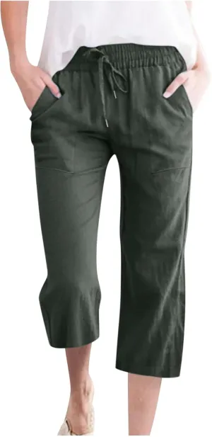 YRAETENM Linen Pants Women Summer Drawstring Elastic High Waist Capri Pants Casual Straight Wide Leg Trouser Wirh Pockets