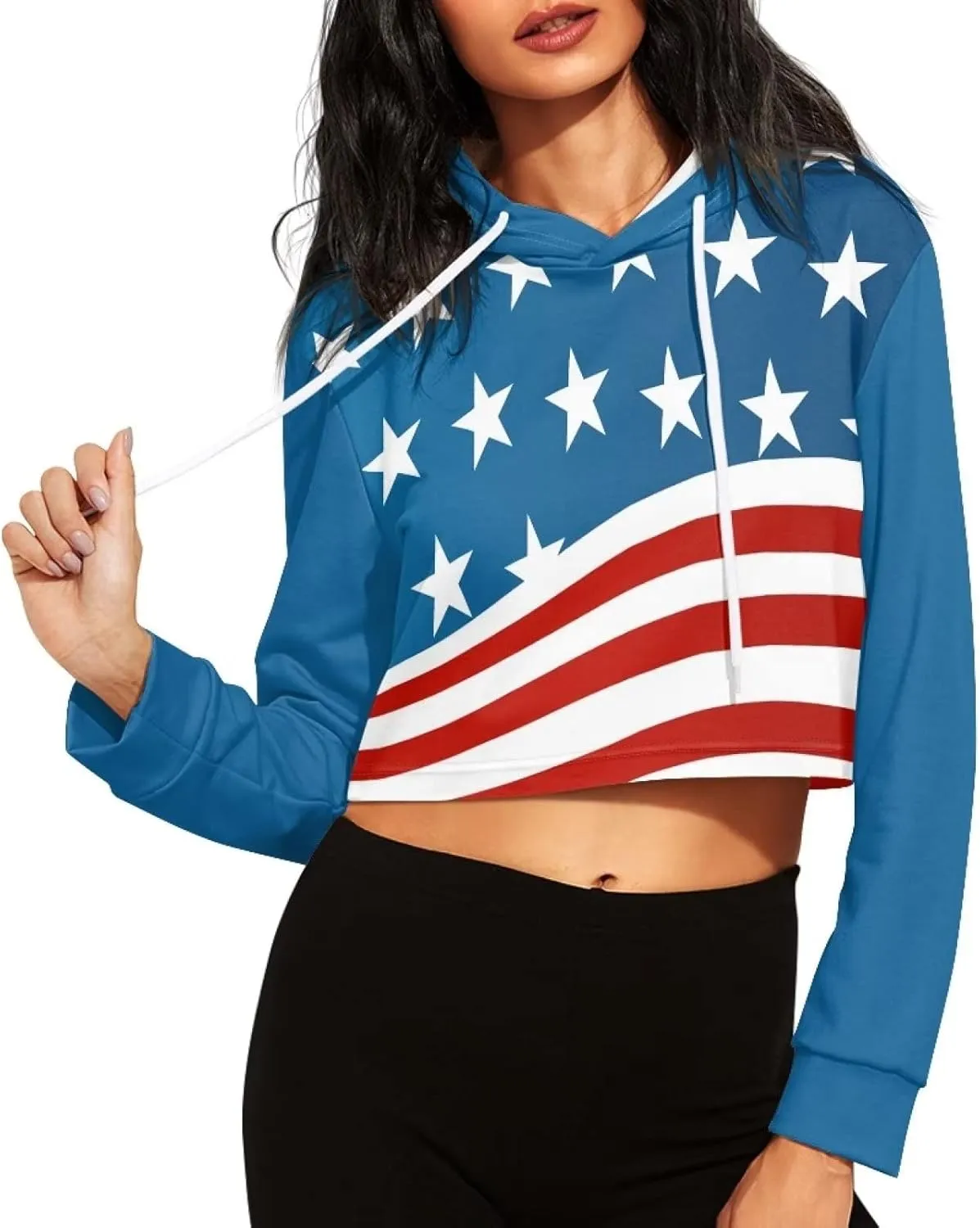 Ystardream Drawstring Crop Top Hoodies Casual Long Sleeve Hooded Sweatshirt Women