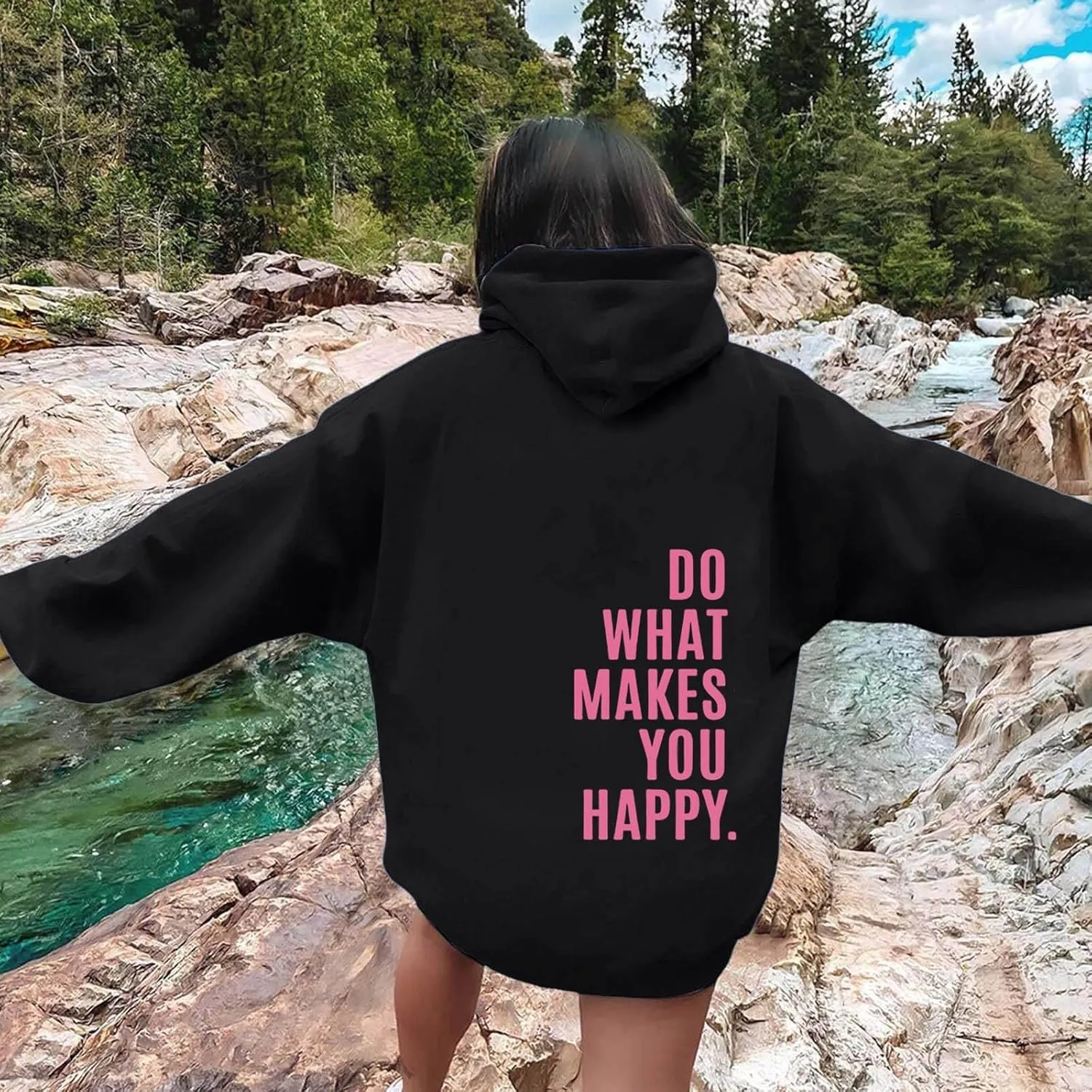 YUHGODO Women Oversized Hoodie Long Sleeve Letter Print Casual Drawstring Cute Preppy Pullover Sweatshirts for Teen Girls