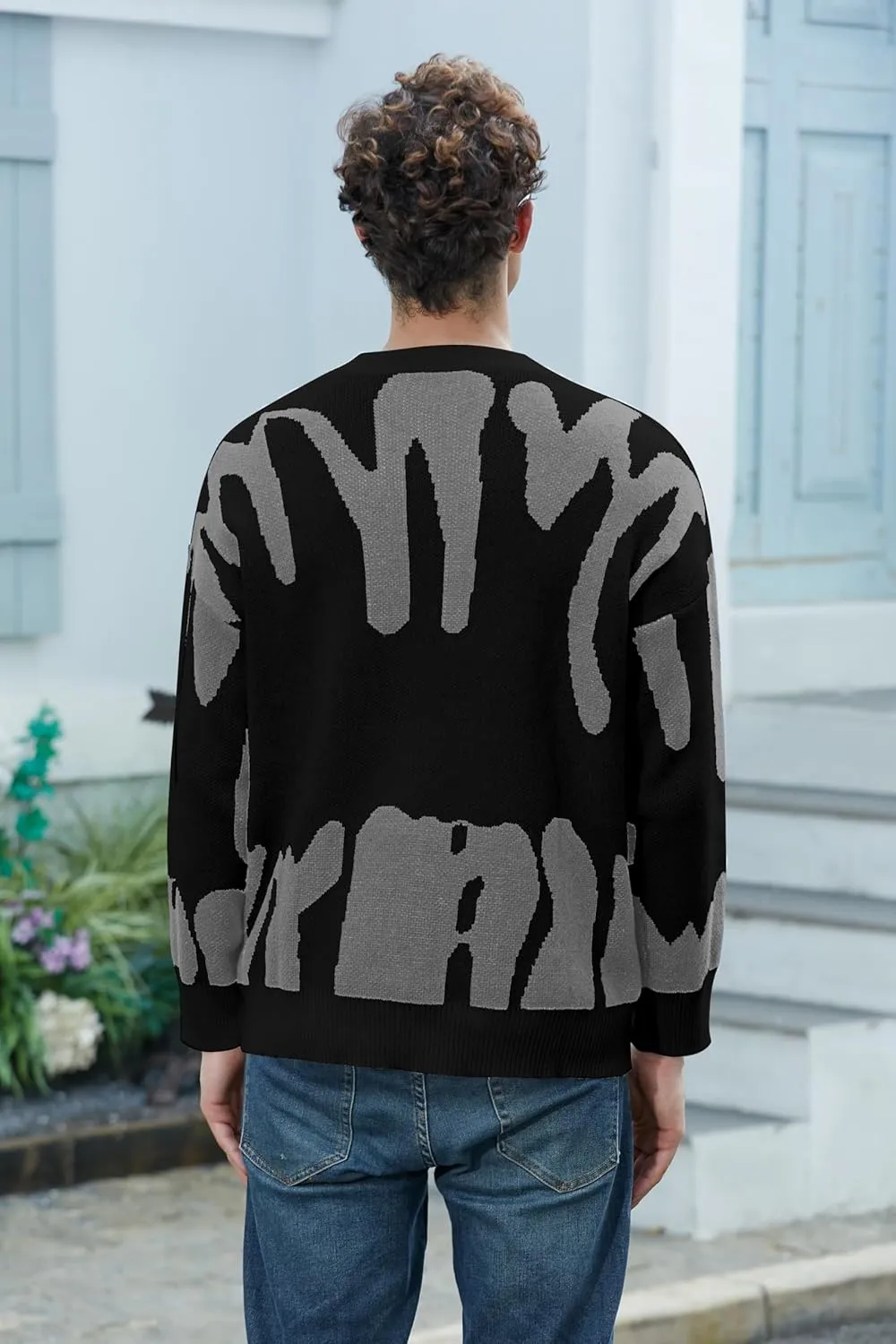 ZAFUL Men's Oversized Sweater Long Sleeve Crewneck Y2K Graphic Color Block Casual Knitted Pullover Sweater