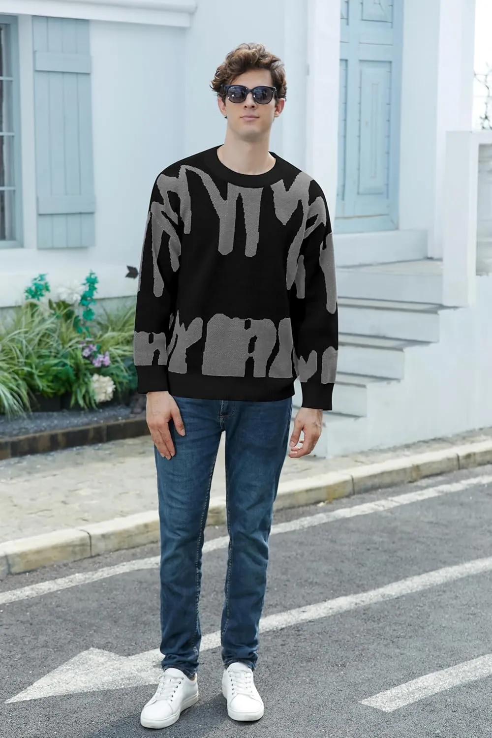 ZAFUL Men's Oversized Sweater Long Sleeve Crewneck Y2K Graphic Color Block Casual Knitted Pullover Sweater