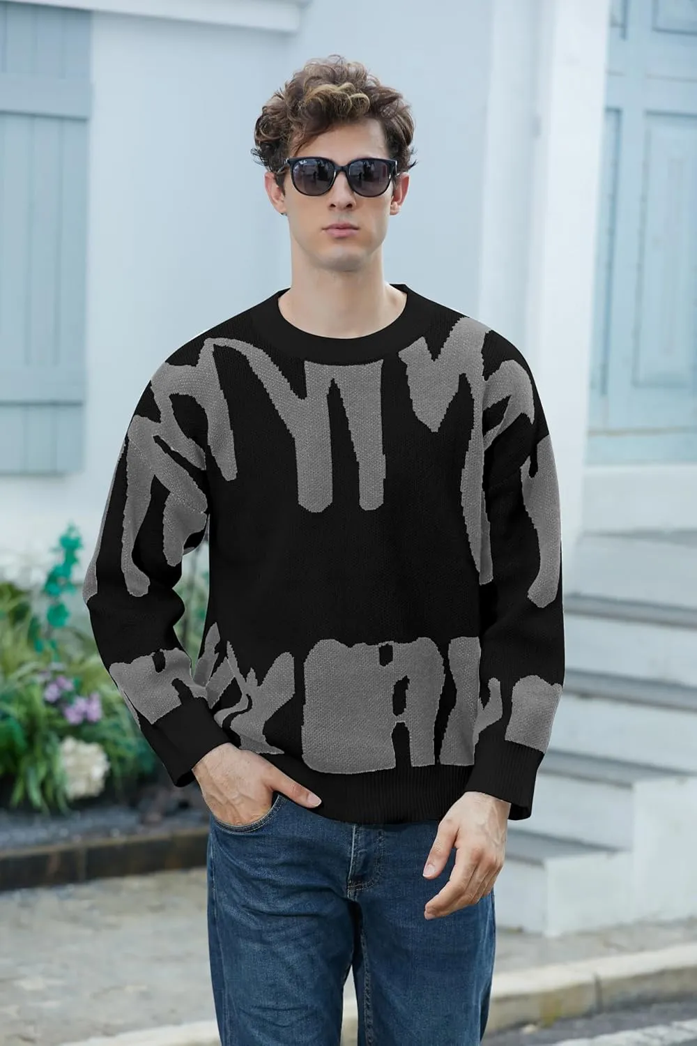 ZAFUL Men's Oversized Sweater Long Sleeve Crewneck Y2K Graphic Color Block Casual Knitted Pullover Sweater