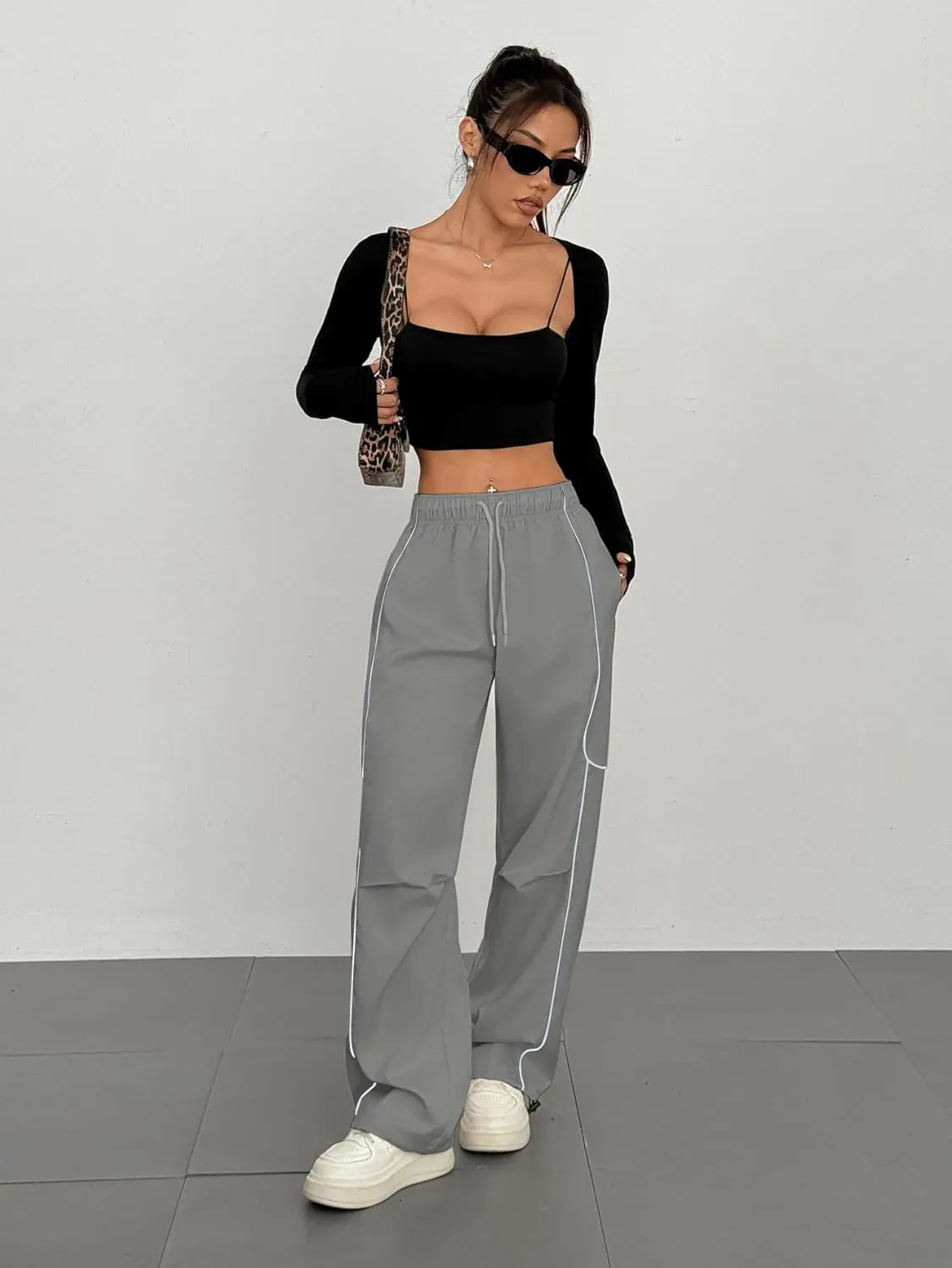 ZAFUL Parachute Pants for Women Sweatpants Y2K Contrast Pipping Cargo Trousers Jogger Pants with Pockets